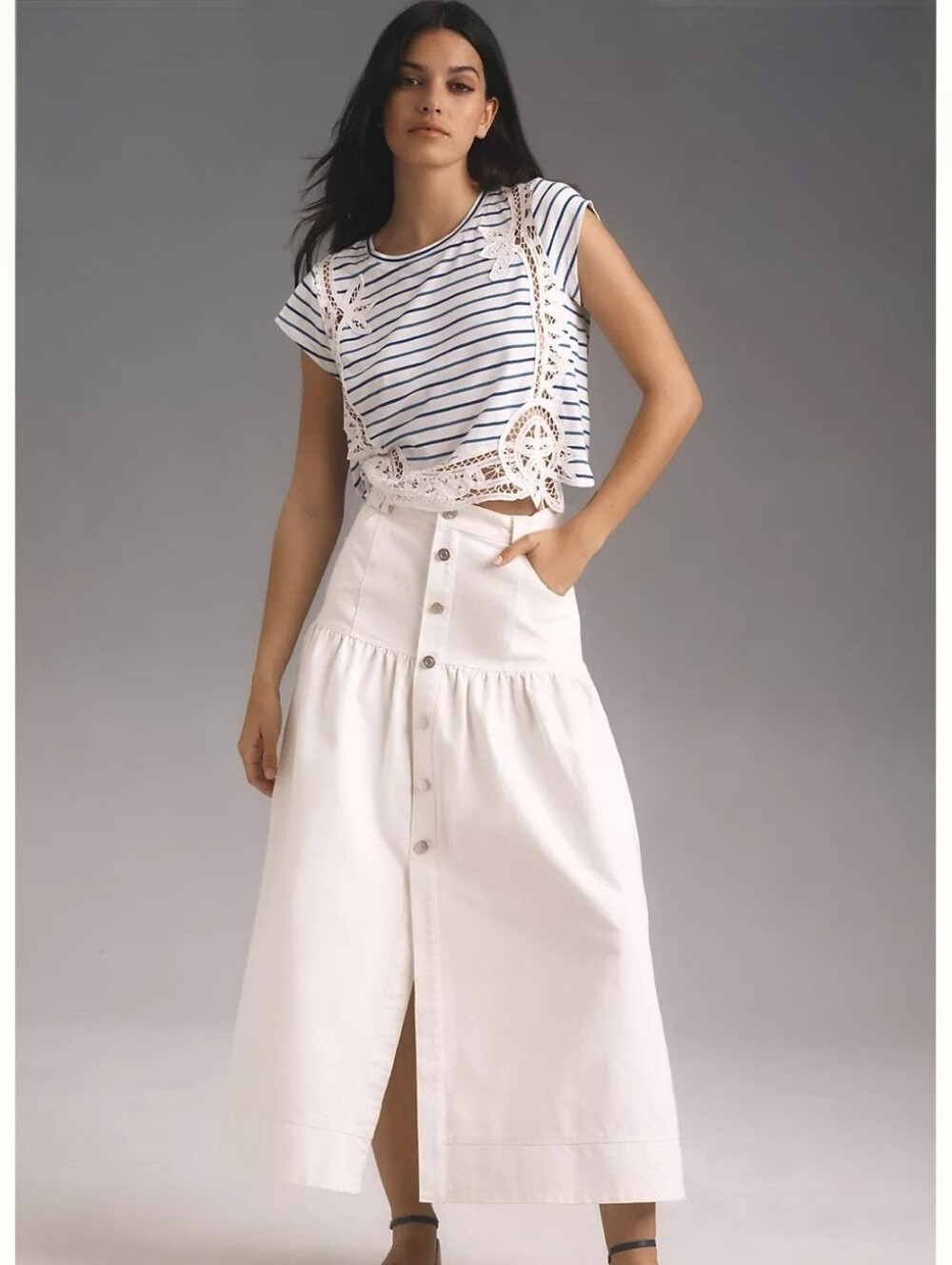 ANTHROPOLOGIE Maeve Lacy Stelline Navy Stripe Crop Top XS NWT - Picture 5 of 12